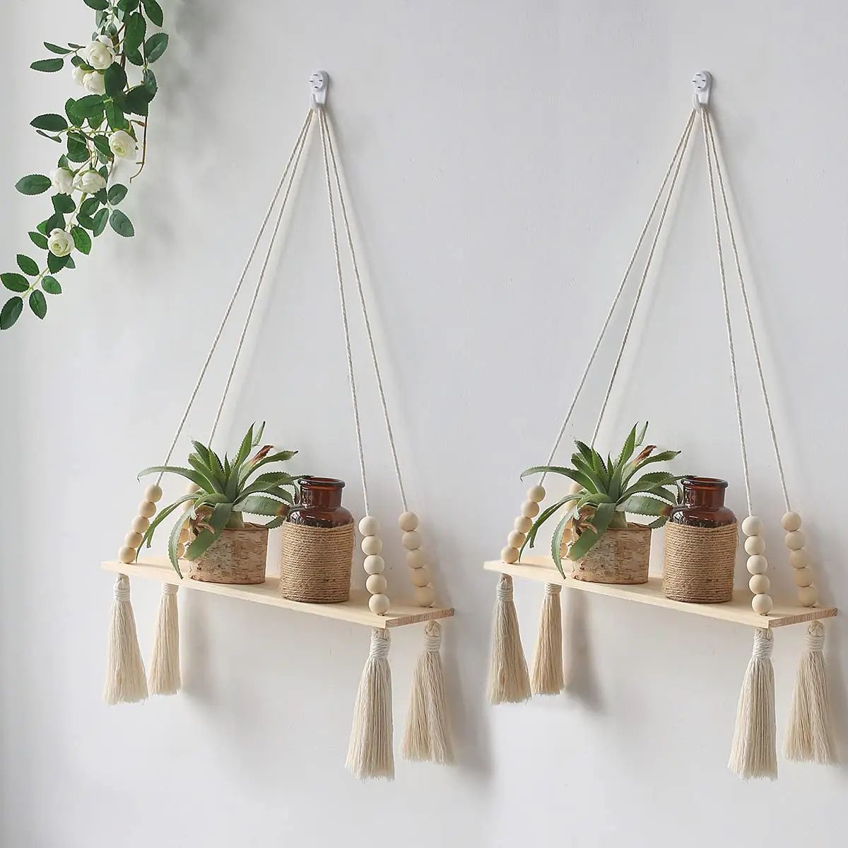 Boho Macrame Wall Hanging Shelf – Floating Wooden Decor Shel | Inspire