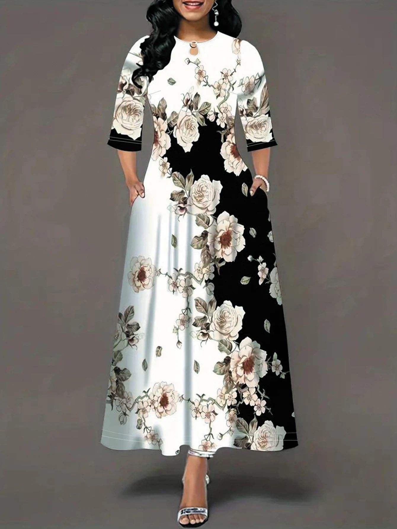 FlowEase Plus Size Printed Maxi Dress with Pockets