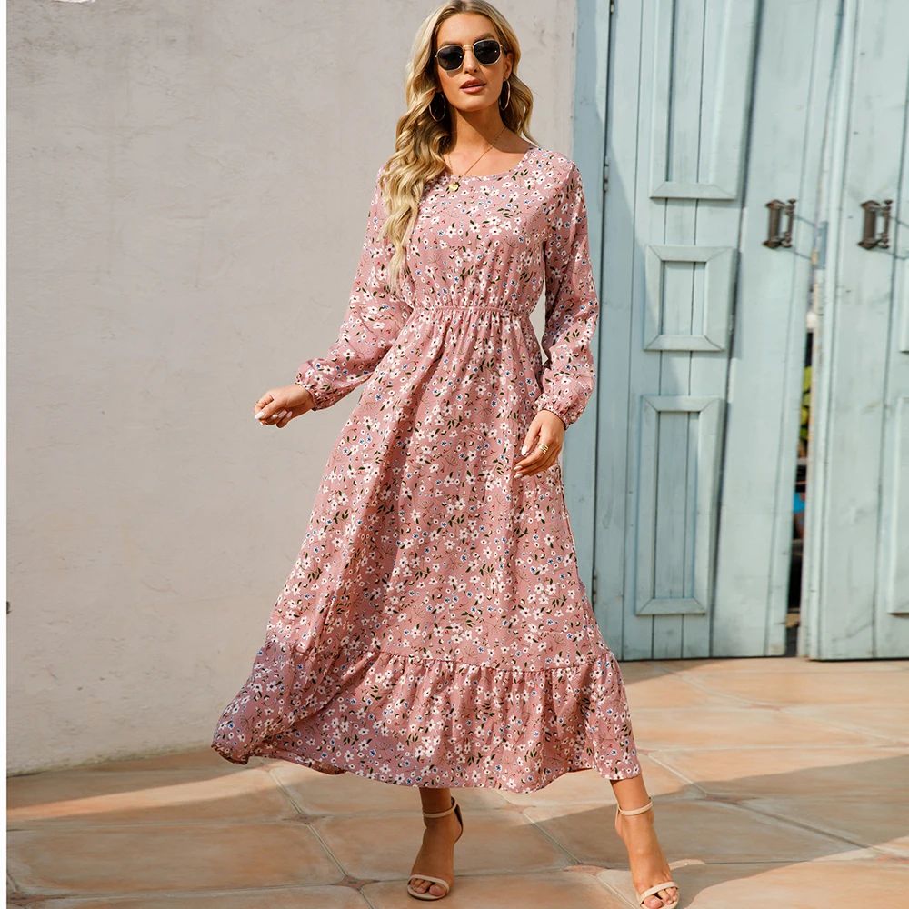Bohemian Chic Boho Maxi Dress – Floral Chiffon Beach Dress with Long Sleeves & High Waist