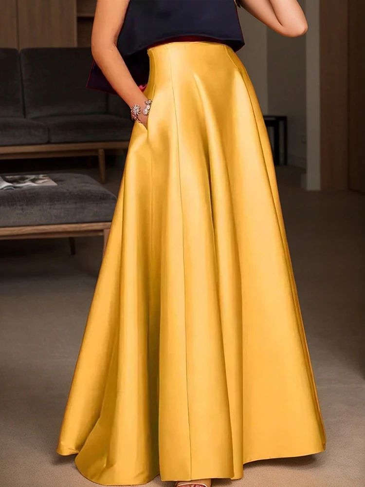 SilkFlow High-Waisted Satin Maxi Skirt with Pockets – Elegant A-Line Party & Y2K Style