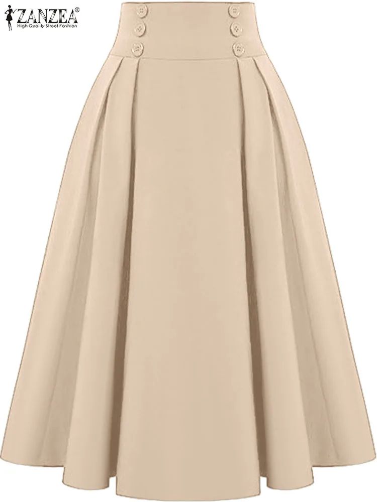 ZANZEA Vintage High-Waisted Pleated A-Line Maxi Skirt – Elegant Solid Long Summer Skirt