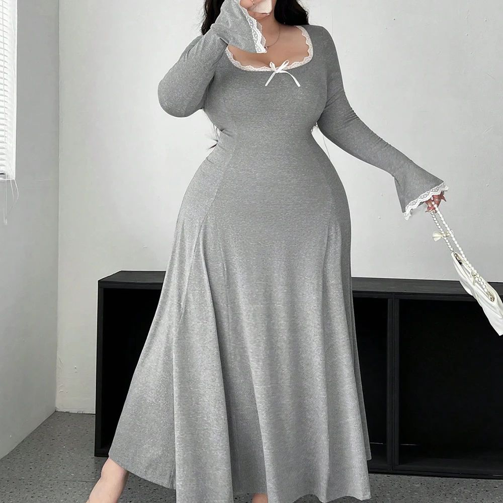 Plus Size A-Line Maxi Dress – Elegant Knit Waist-Slimming Casual Dress