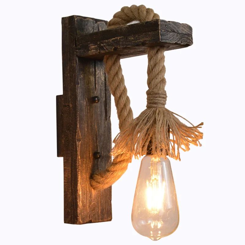 Vintage Hemp Rope Wood Wall Sconce Industrial Up-Down Light