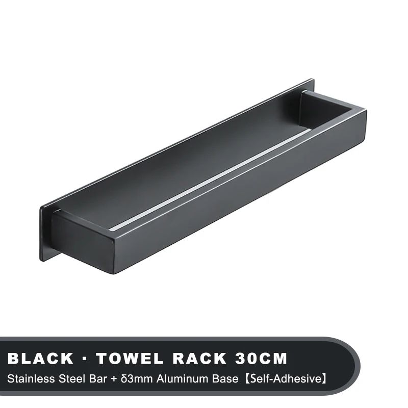 Matte Black No-Drill Stainless Steel Towel Rack – Self-Adhesive Wall-Mounted Bathroom Shelf & Bar