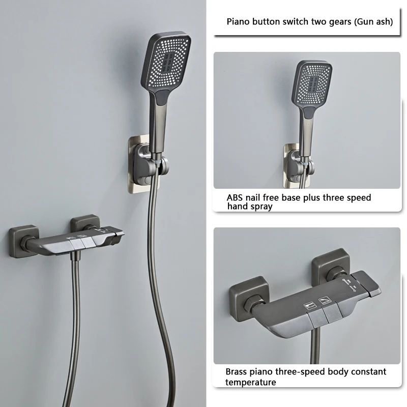 Gun Gray Digital Display Shower System with Piano-Key Controls, Brass Thermostatic Rainfall Set