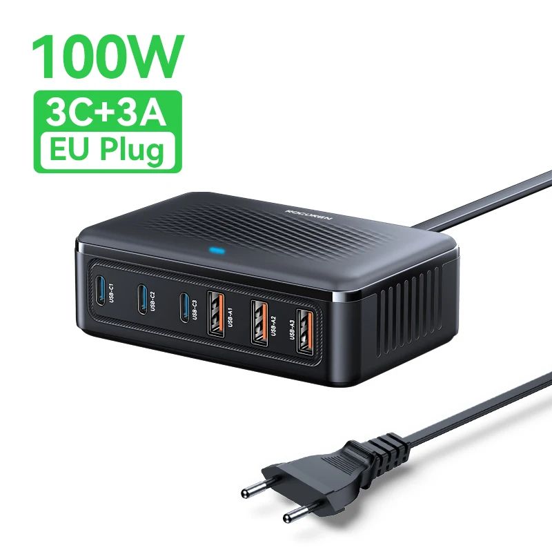 PowerHub 100W GaN Fast Charging Station – 6-Port USB C Charger Block for Multi-Device Power