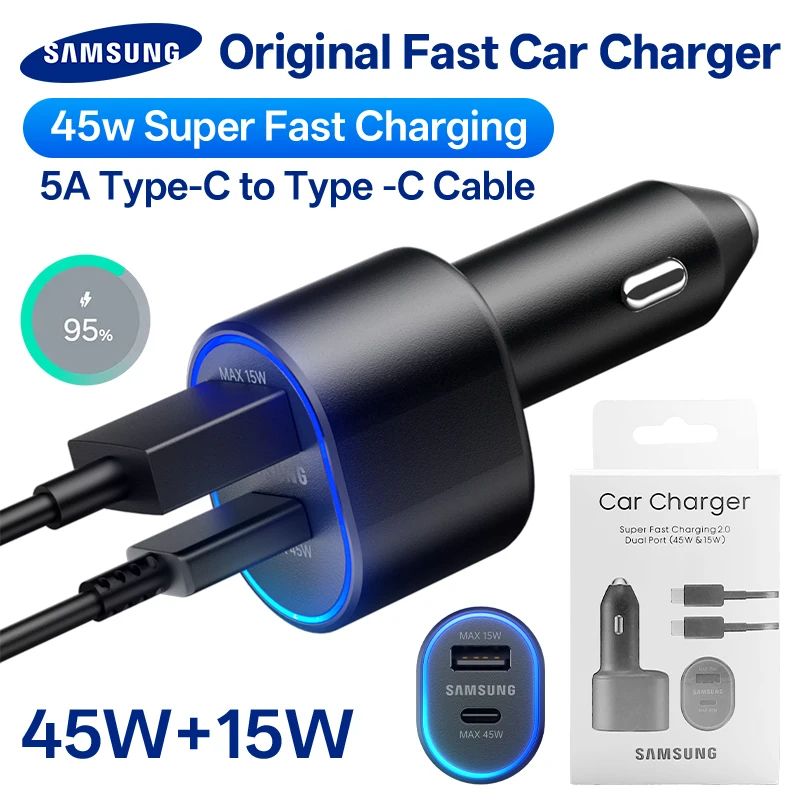 Samsung-Compatible 45W Dual-Port USB-C PD Car Charger (USB-C + USB-A) for Galaxy S25/S24/S23 Ultra