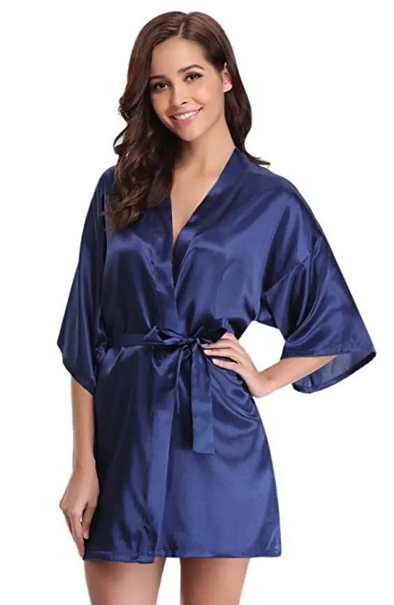 Luxury Navy Blue Silk Kimono Robe – Elegant Bridesmaid Satin Robe & Womens Dressing Gown