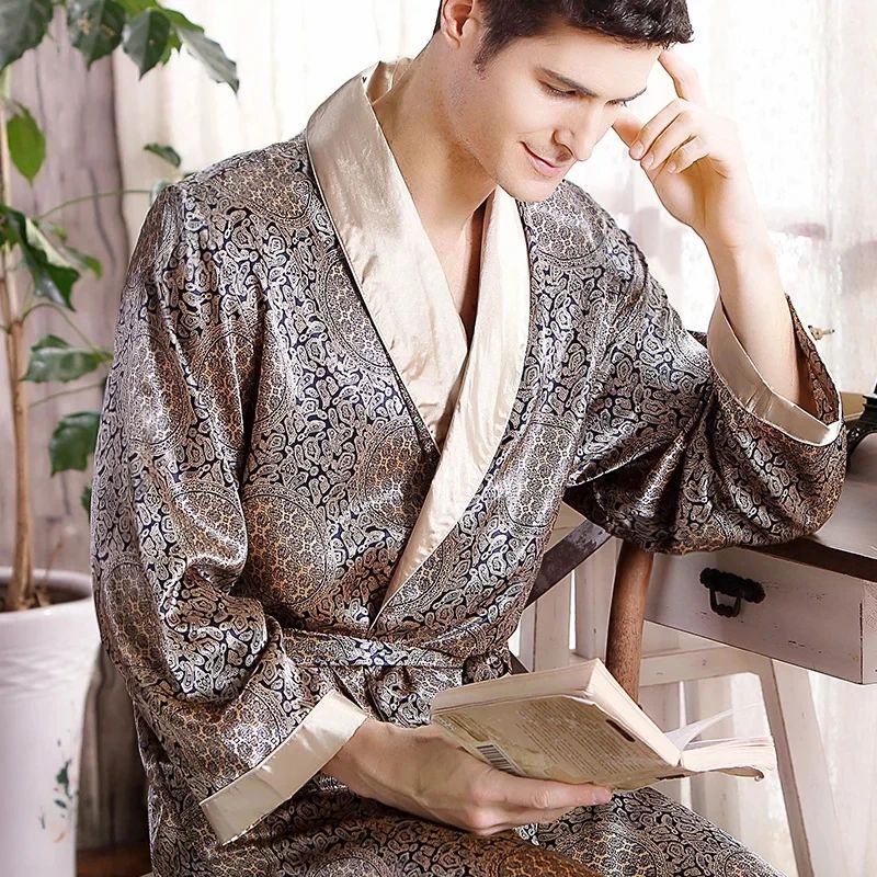 Luxury Satin Gold Kimono Robe for Men – Silk Geometric Long Bathrobe Plus Size