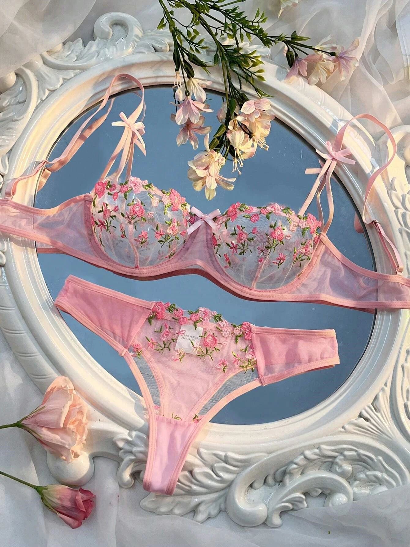 Sheer Floral Lace Lingerie Set – Transparent Embroidered Bra and Panty Sleepwear