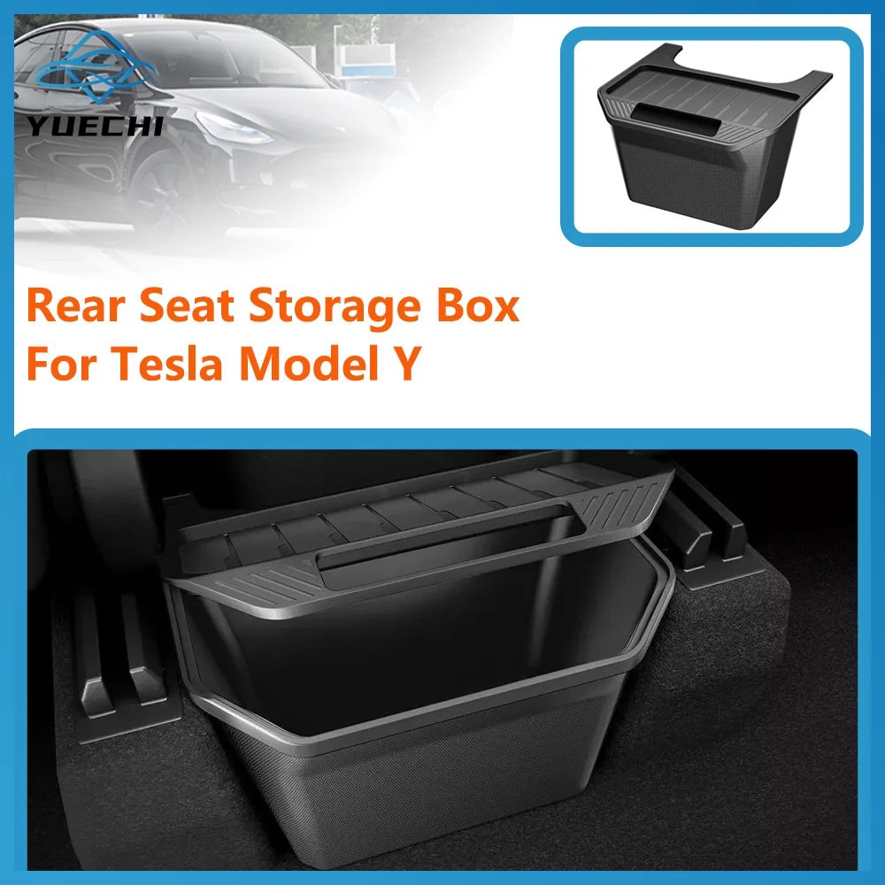 Tesla Model Y Rear Seat Storage Box & Backseat Organizer with Lid – Hidden Trash Can Console Bin for Juniper 2021–2025