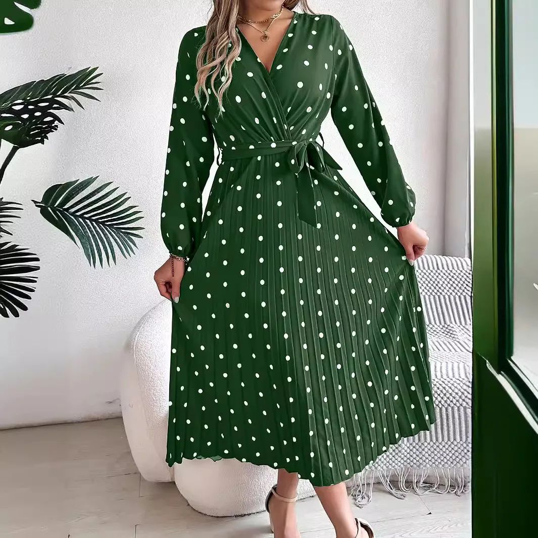 Elegant Polka Dot Maxi Dress – V-Neck Long Sleeve Pleated High Waist Swing Dress