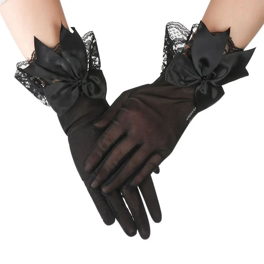 Elegant bridal gloves for brides White Satin wedding gloves with Lace Cuffs and Bow Detail