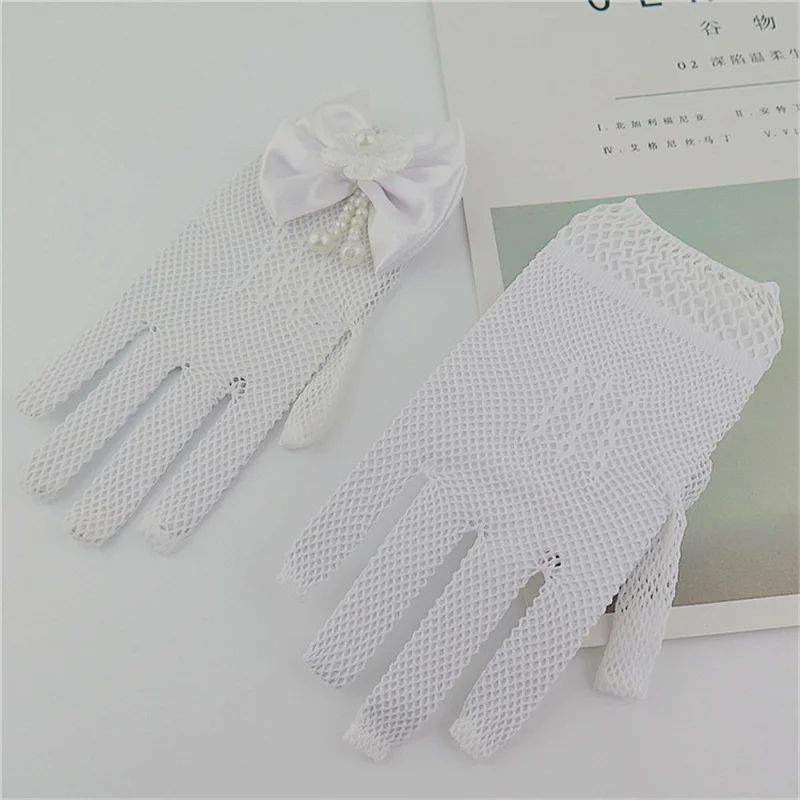 Girls White Lace Flower Girl Gloves with Pearl Bow for Communion & Wedding