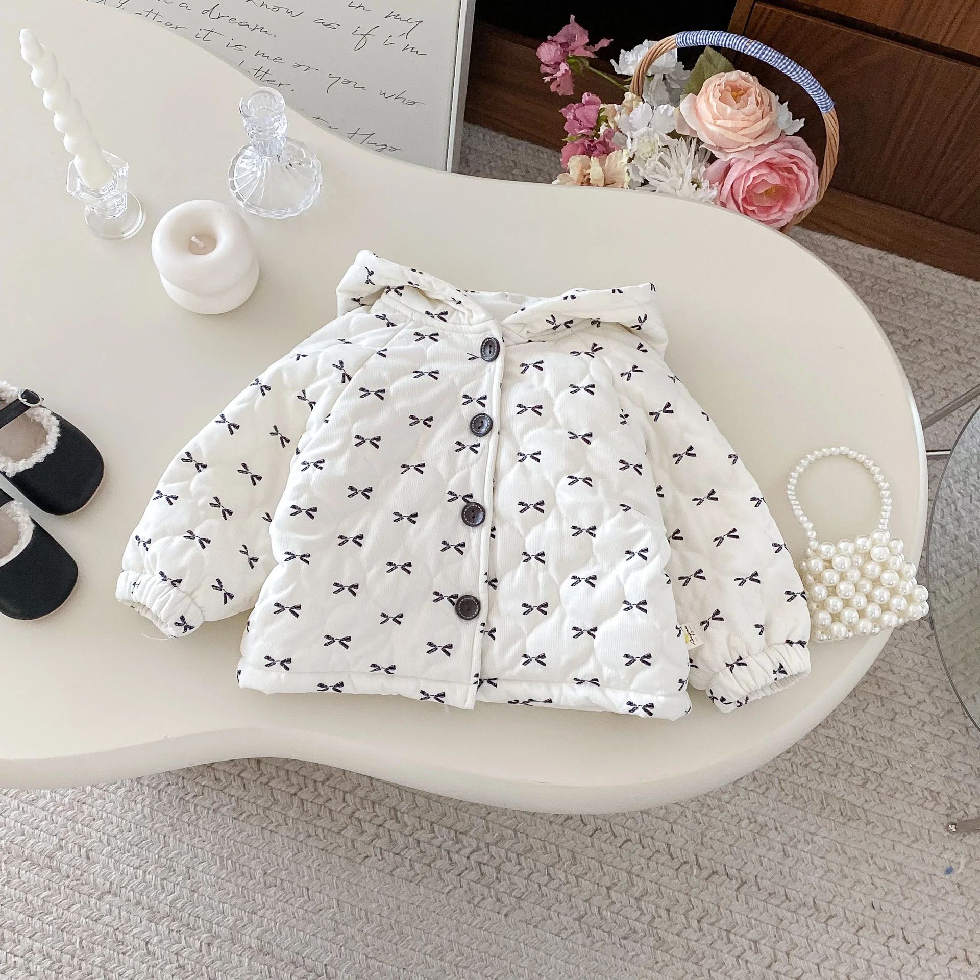 Sweet Bow Hooded Baby Girl Winter Jacket - Soft Cotton Toddler Coat
