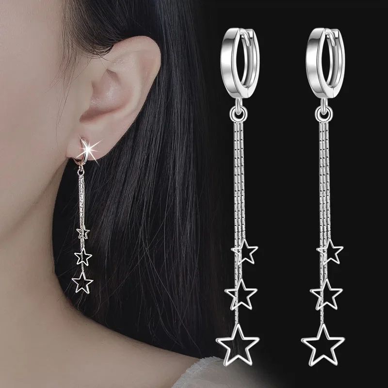 Celestial Three-Star Tassel Hoop Earrings in 925 Sterling Silver