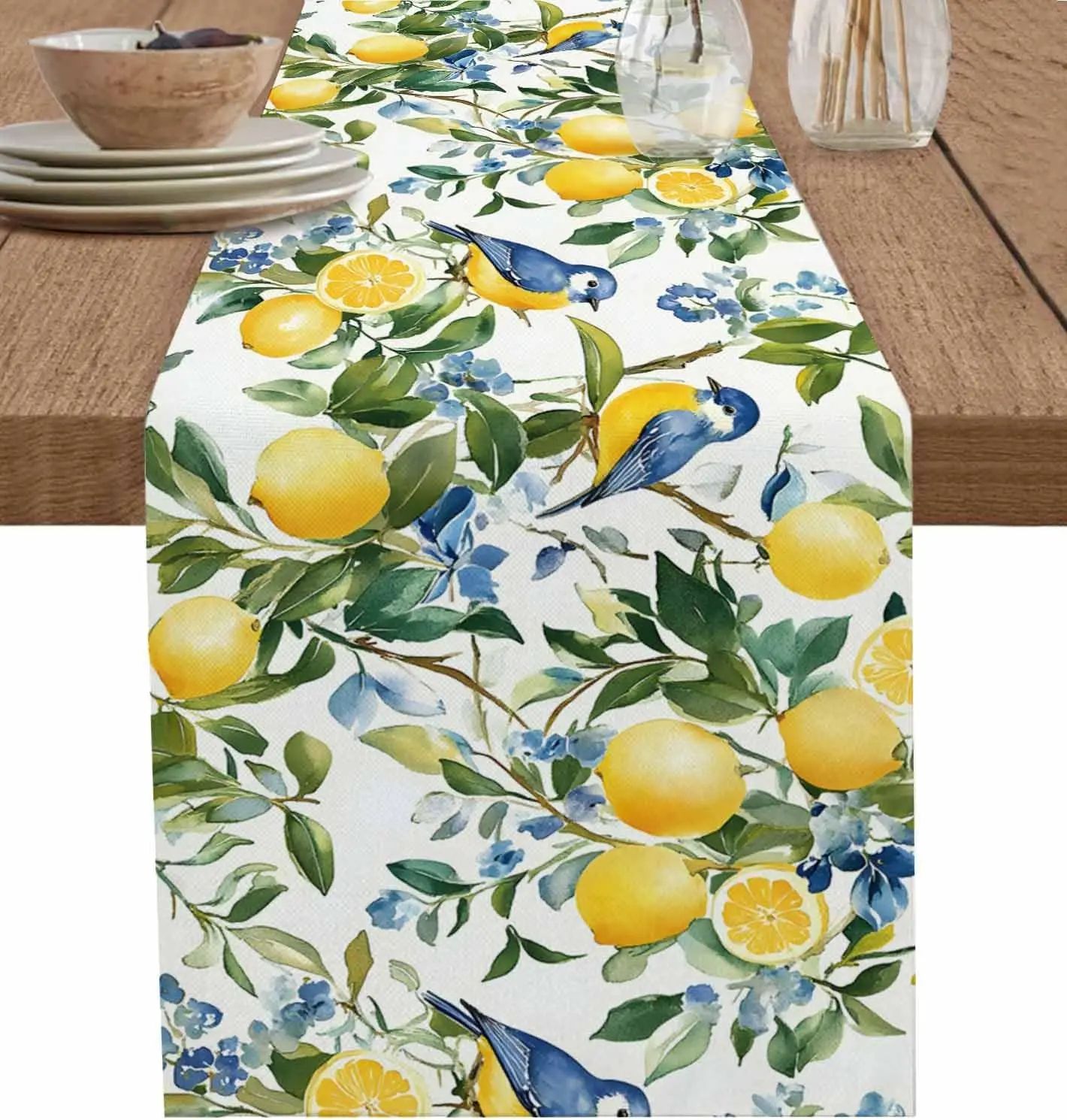 Lemon Tree Blue Bird Linen Table Runner – Vintage Floral Farmhouse Table Decor