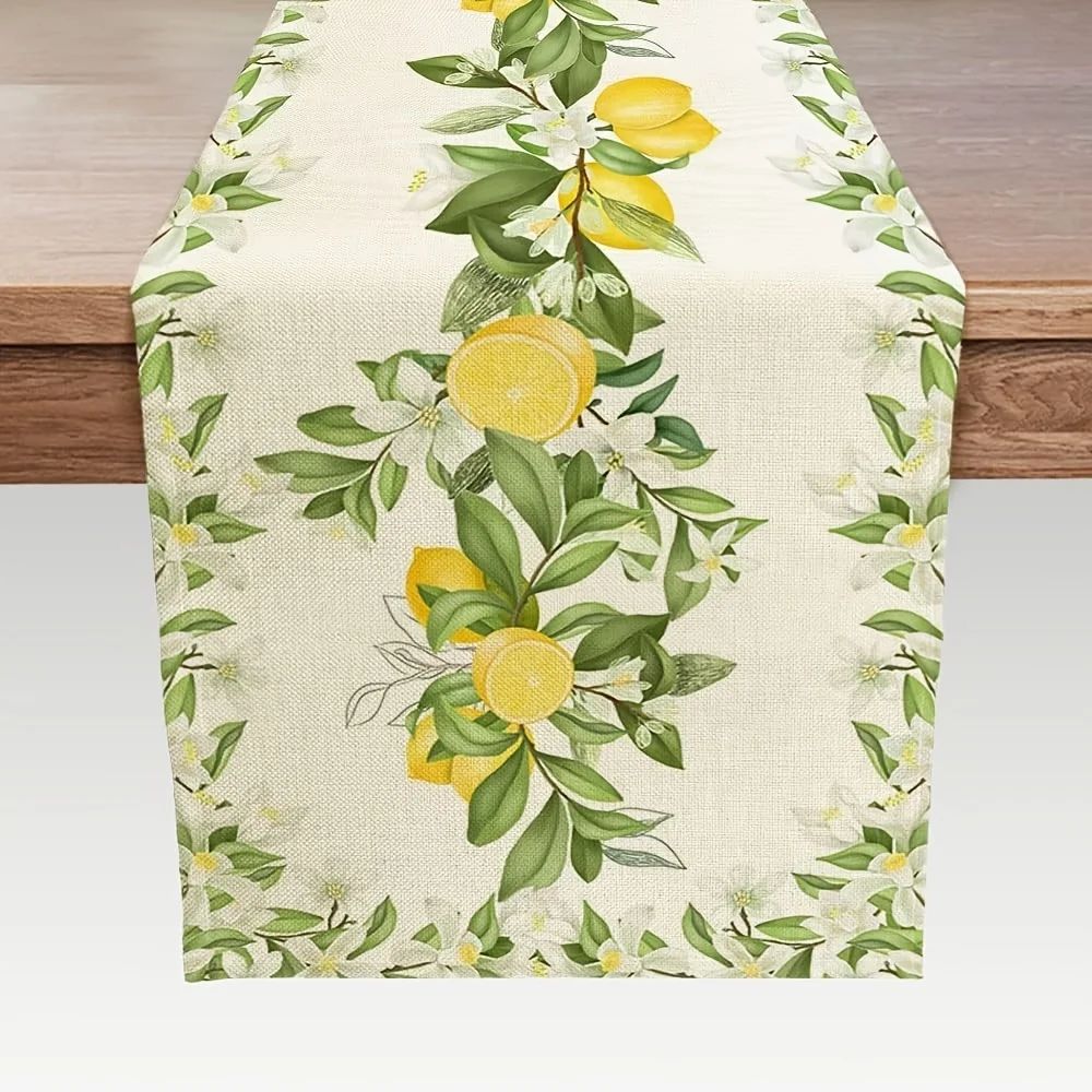 Lemon Blossom Linen Table Runner for Spring Dining and Dresser Decor