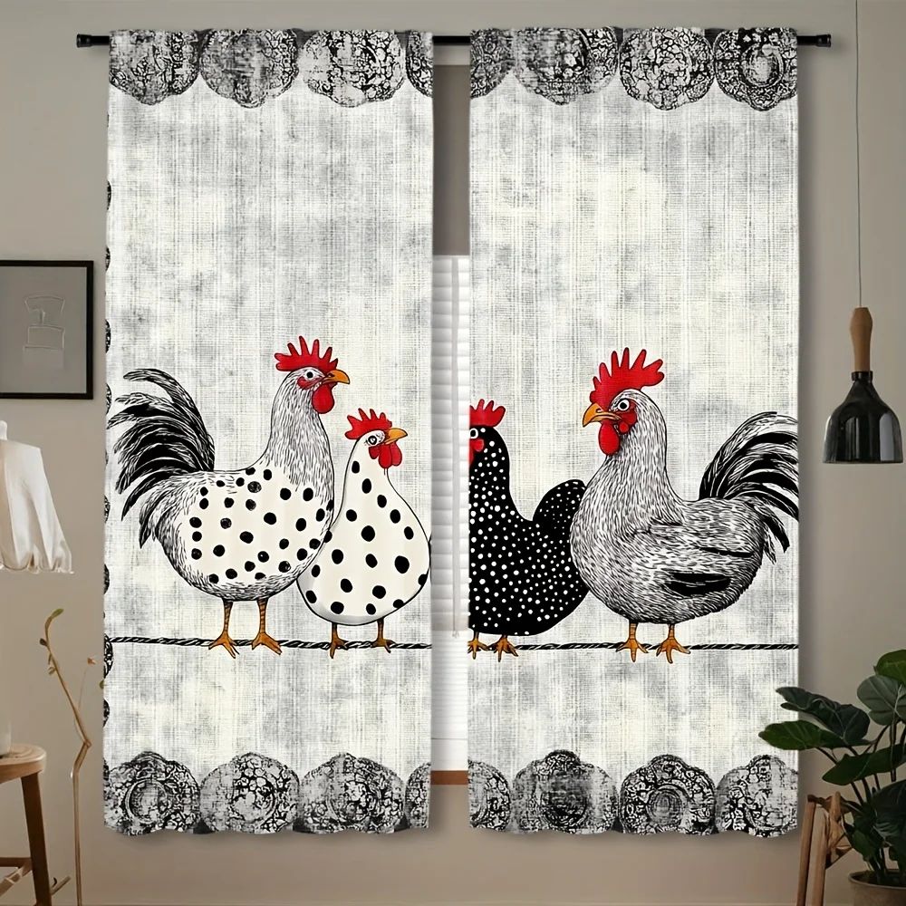 Retro Polka Dot Chicken Print Cafe Curtains for Cozy Farmhouse Kitchen Windows