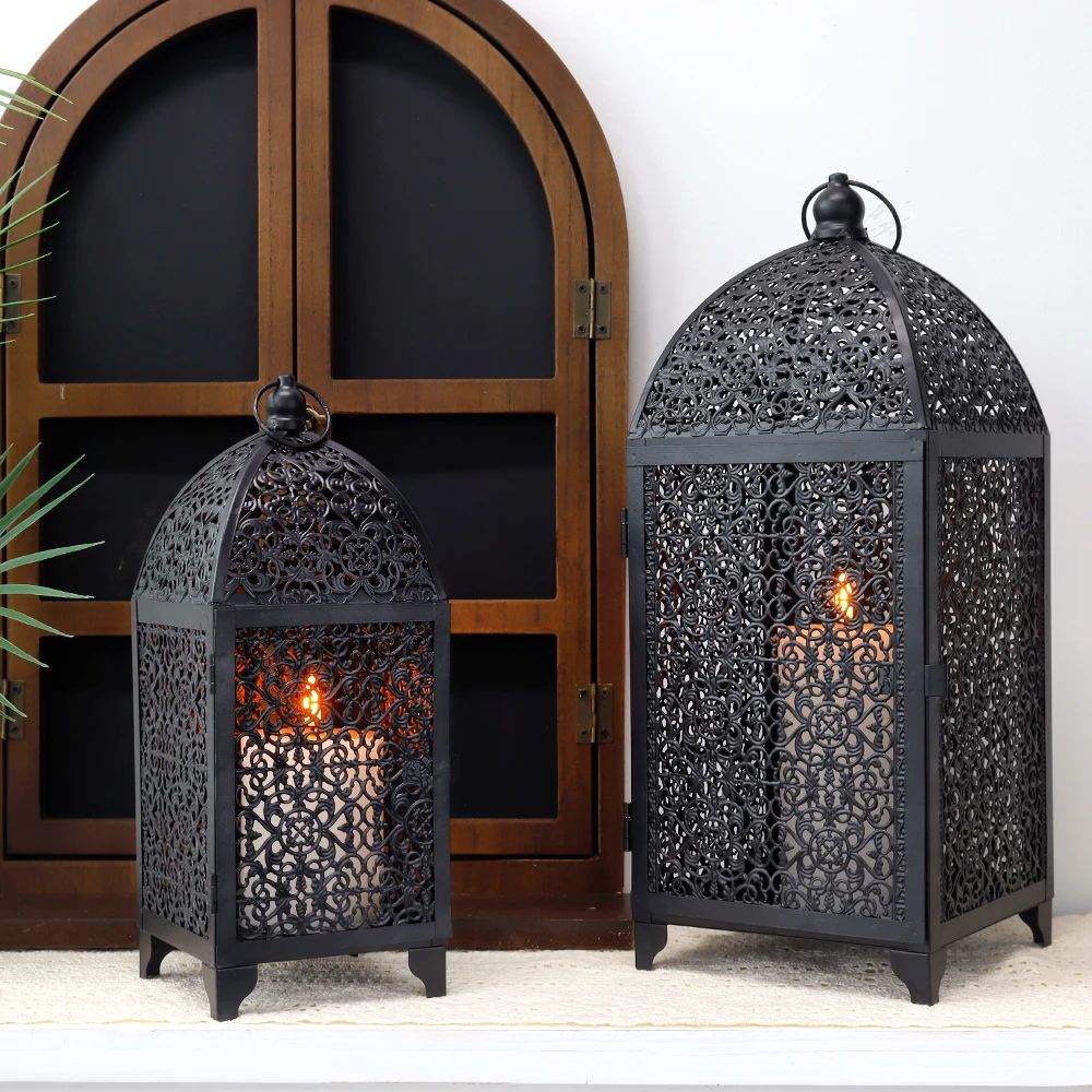 Elegant Black Metal Candle Lantern Set – Decorative Hanging Candle Holders for Indoor & Outdoor Ambiance (2pcs)