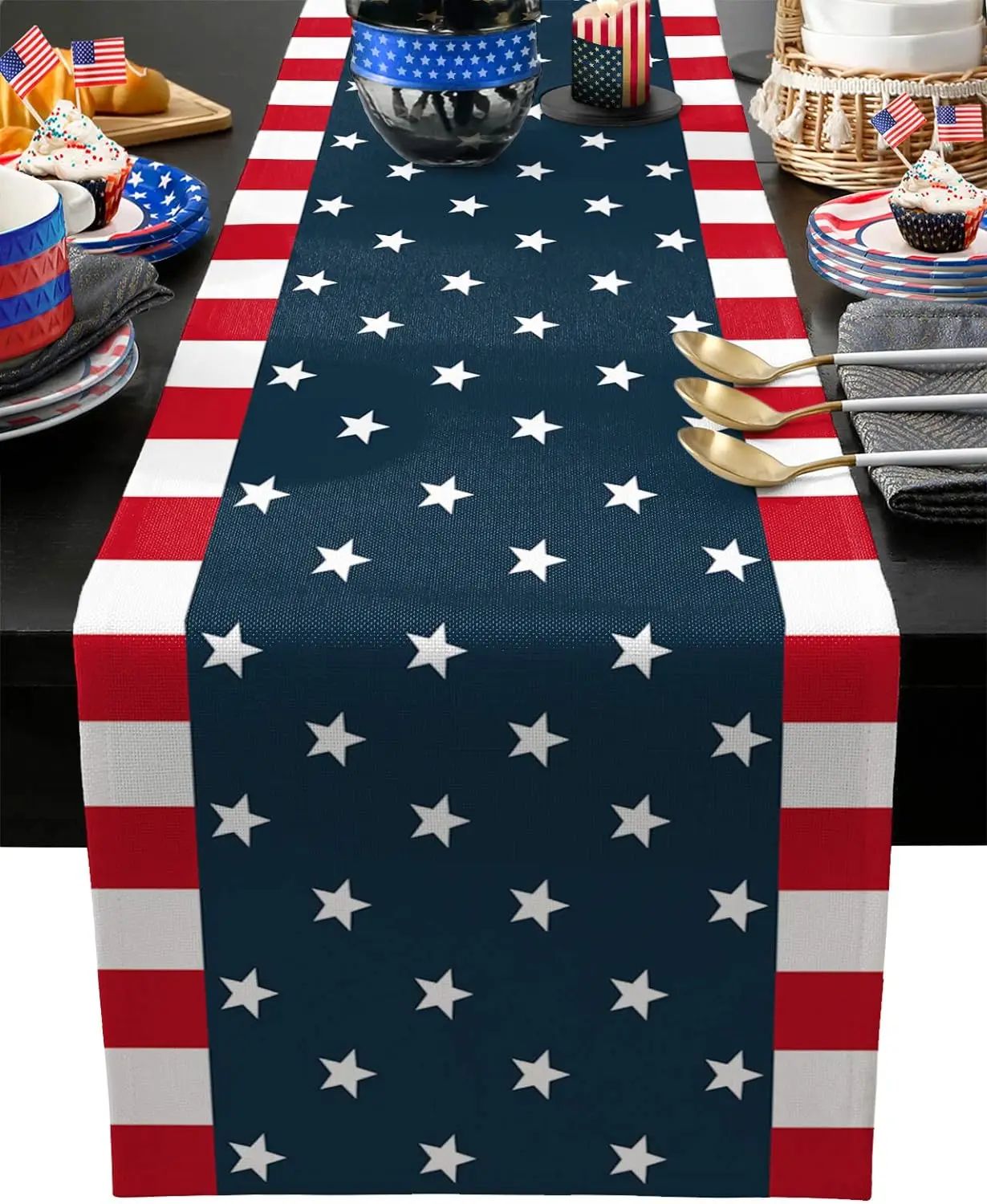 Patriotic Farmhouse 4th of July Table Runner – Rustic Linen Independence Day Table Decor