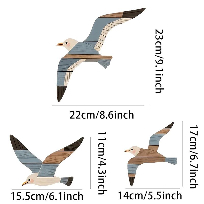 Coastal Wooden Seagull Wall Decor Set - Rustic Nautical Wall Art for Beach-Inspired Spaces