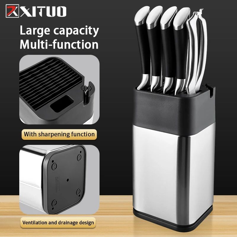 XITUO Stainless Steel Knife Holder with Built-In Sharpener & Universal Storage