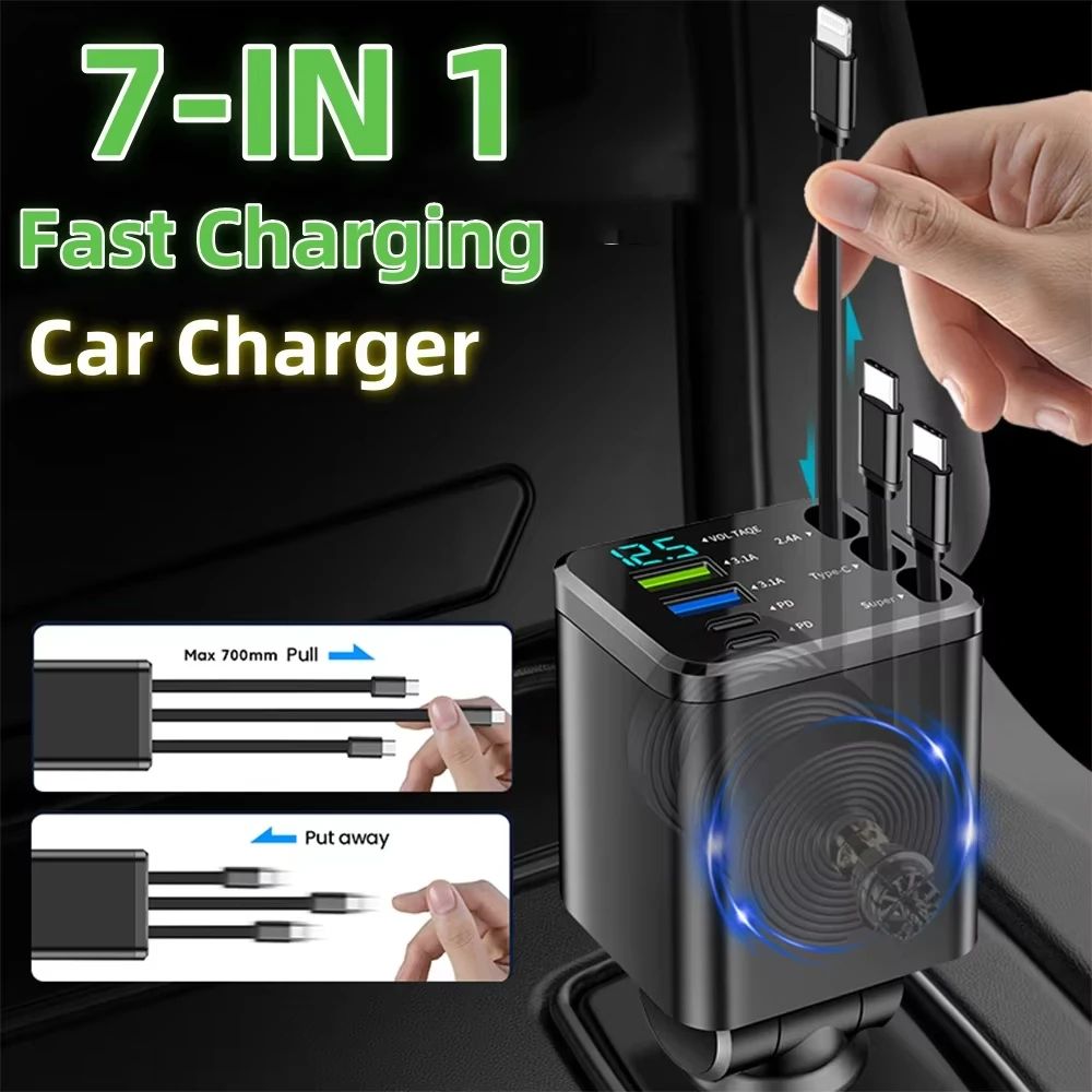 7-in-1 Retractable Car Fast Charger 120W with USB and USB-C Ports