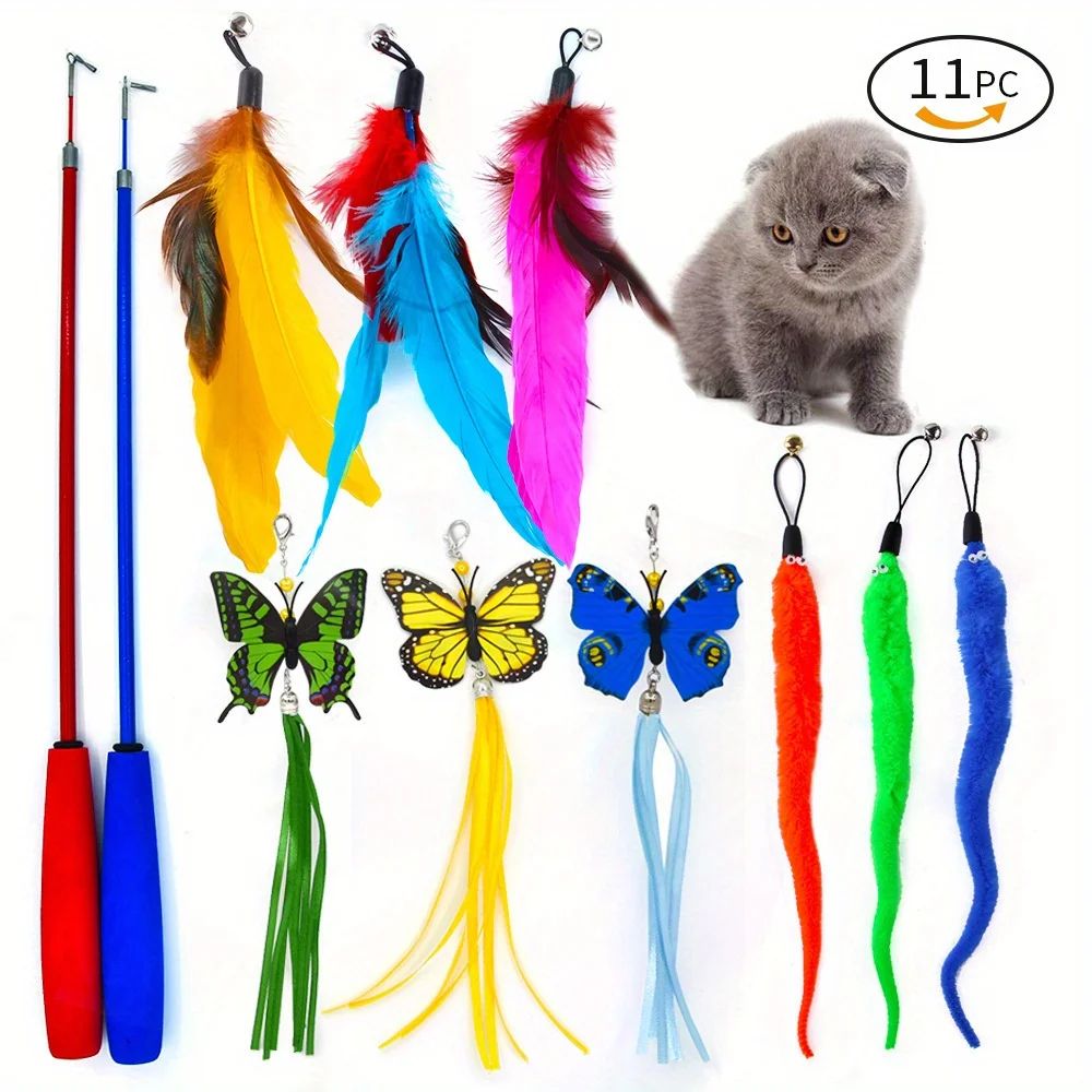 11-Piece Interactive Cat Toys Feather Wand Set with Bells