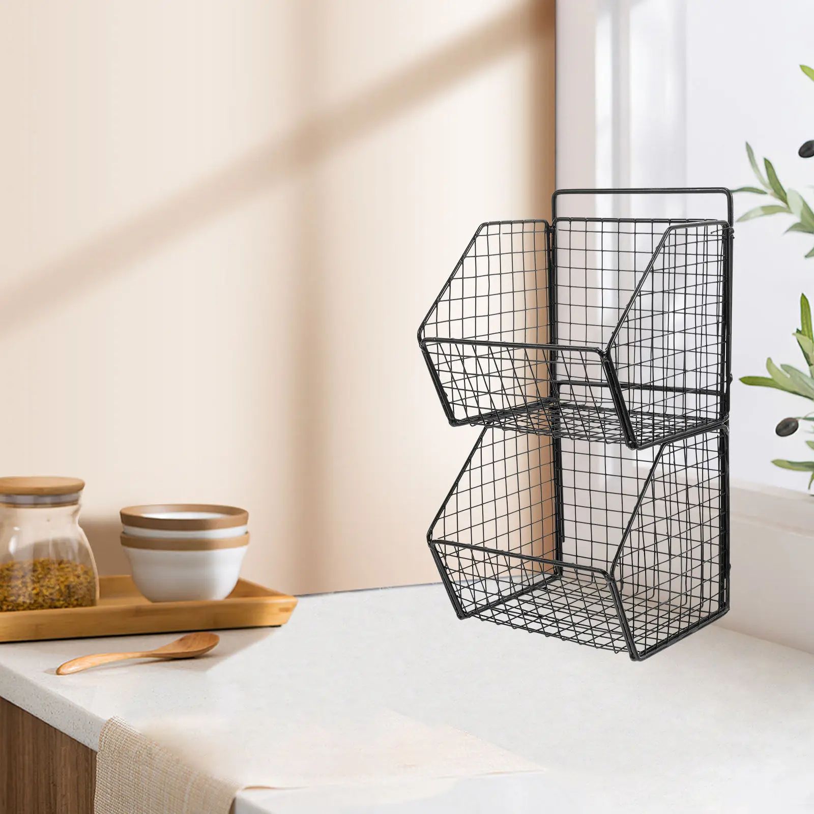 Double Layer Wall Mounted Storage Basket Metal Kitchen Storage Rack for Fruits Vegetables and Pantry Organization