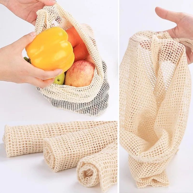 Reusable Cotton Mesh Produce Bags Set of 3 with Drawstring for Fruit and Vegetable Storage