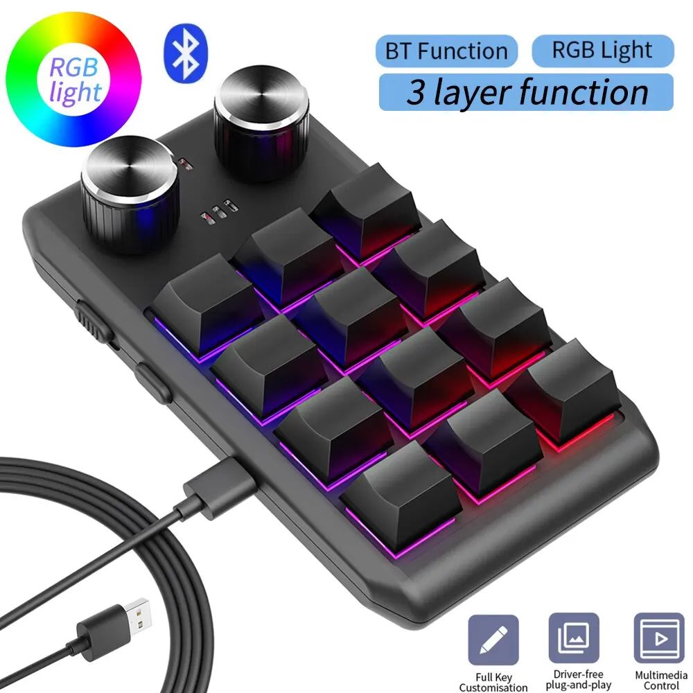 Bluetooth Macro Keyboard with Dual Knobs RGB Mechanical Macropad 12 Key Custom Programmable Keypad