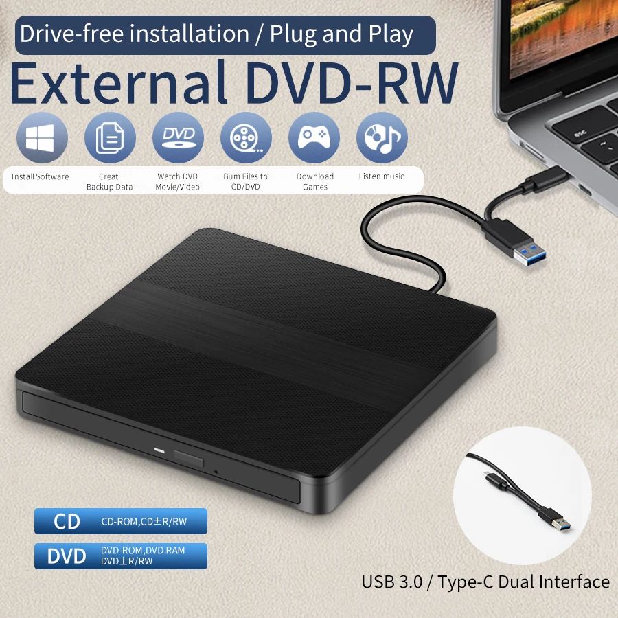 UltraSlim External DVD Drive USB 3.0 Type C Portable DVD Burner CD DVD RW Reader Writer for Laptop PC