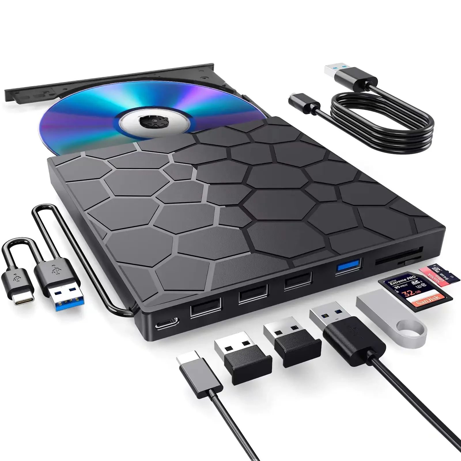 Portable 7 In 1 External DVD Drive USB 3.0 Type C CD DVD Burner for Windows Mac Linux