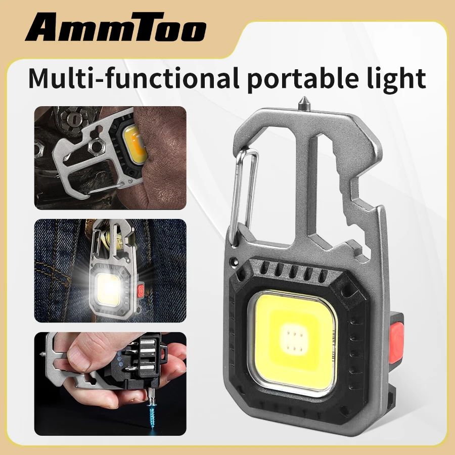 Mini LED Flashlight Rechargeable Keychain COB Work Light with Pocket Multi Tool