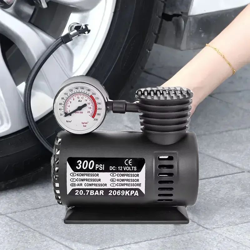 Portable 12V Tire Inflator 300 PSI Portable Air Compressor with Pressure Gauge for Cars and Motorcycles