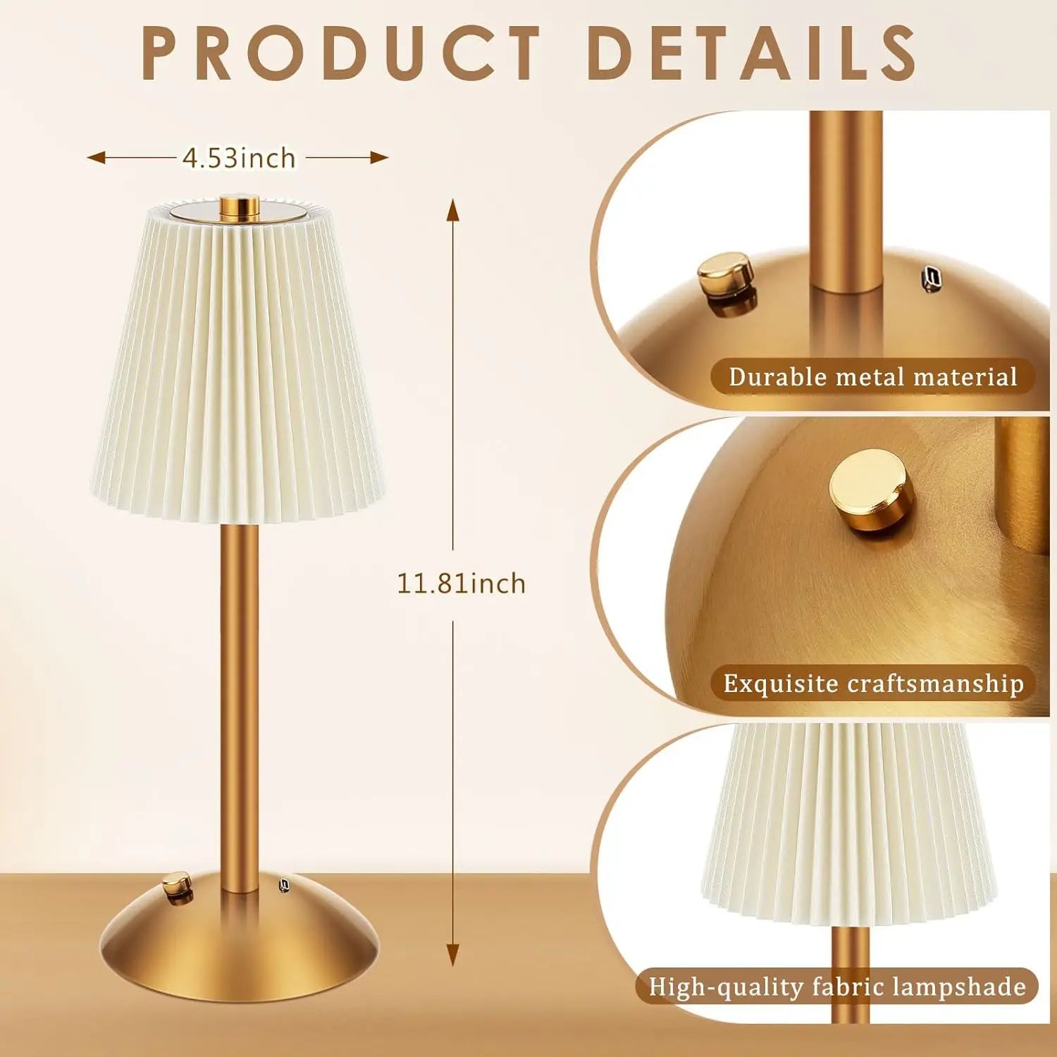 Rechargeable Table Lamp with Touch Control – Cordless LED Desk Lamp with 3 Color Modes