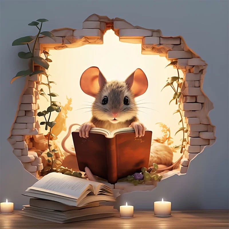 Whimsical Reading Mouse 3D Wall Sticker Vinyl Decal
