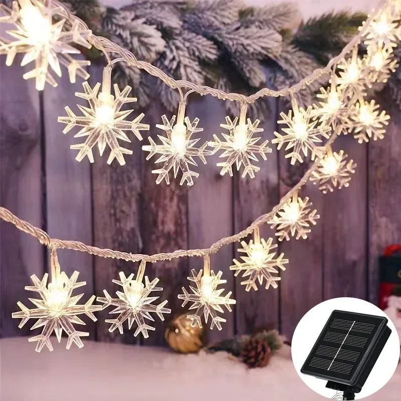 SnowGlow Solar Snowflake String Lights for Outdoor Christmas Decor