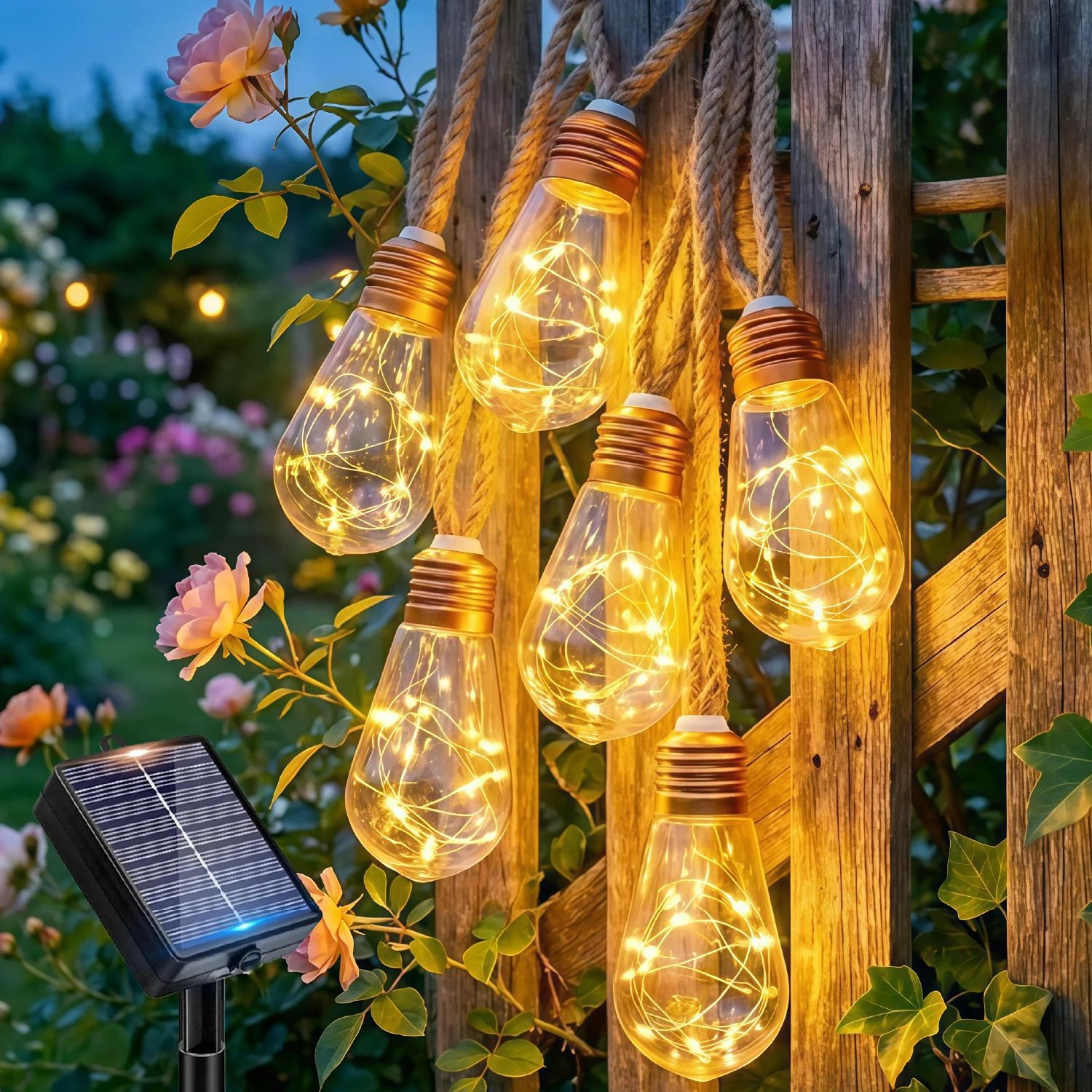 Retro Hemp Rope Solar String Lights 10/25 Bulb Outdoor Patio Lights