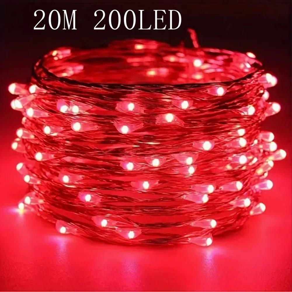66 Feet 200 LED Battery Powered Fairy Lights with Red Copper Wire
