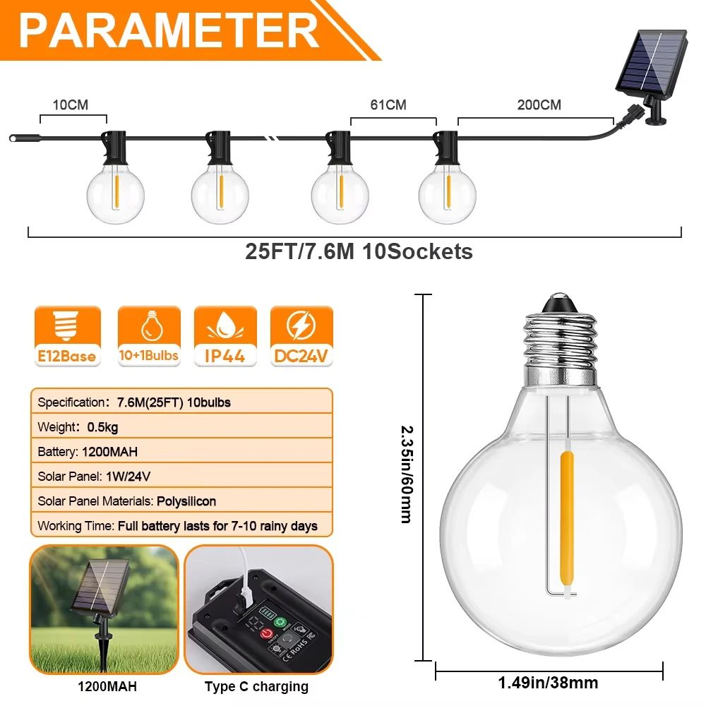 24V G40 Solar String Lights Waterproof Outdoor Globe Garland