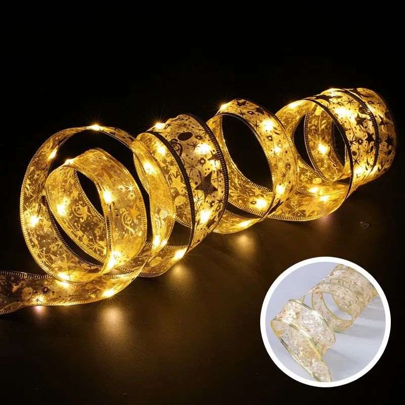 Golden Silver Ribbon LED Fairy Lights Battery Powered Christmas Tree Garland