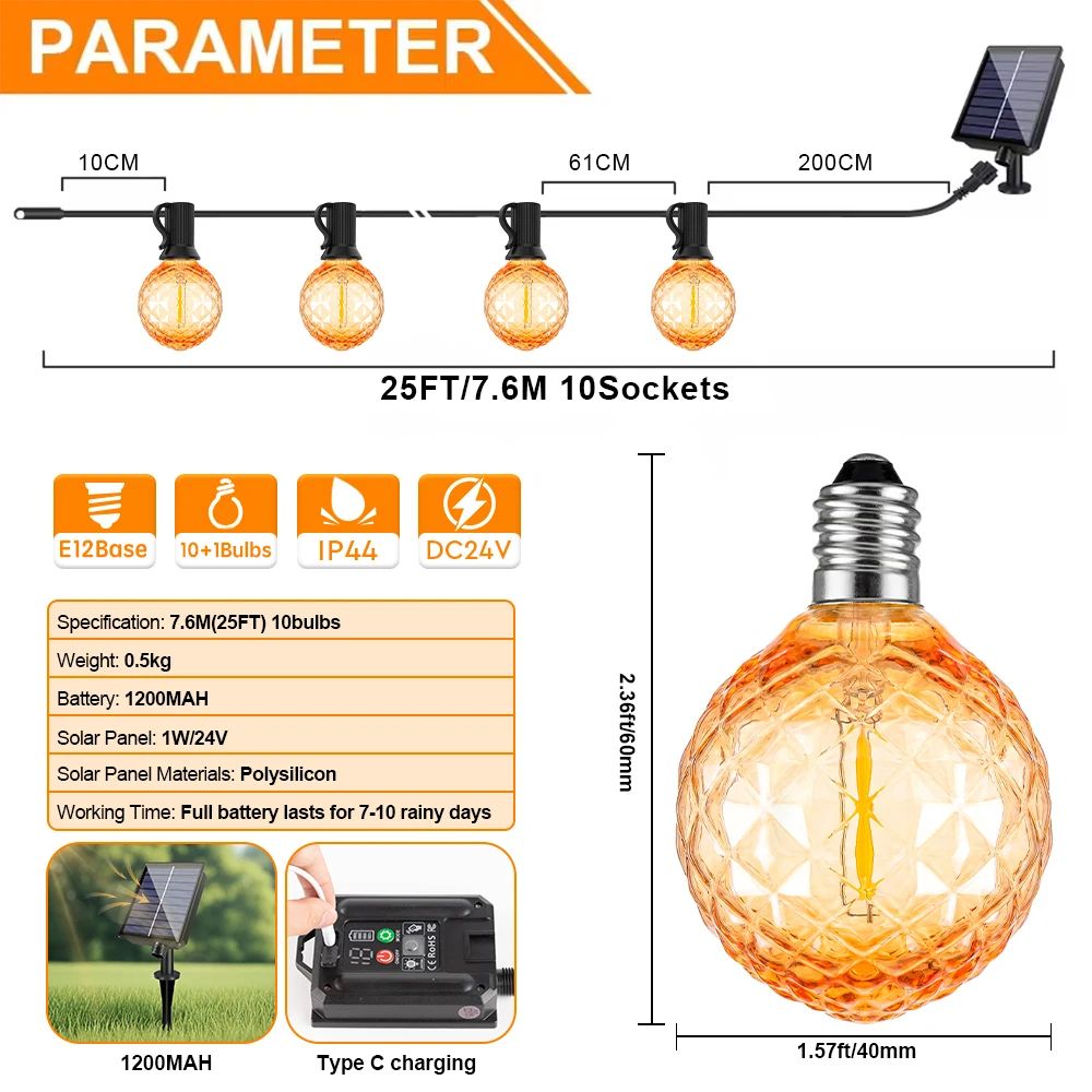 Diamond Amber Solar String Lights 24V Waterproof Outdoor Garland