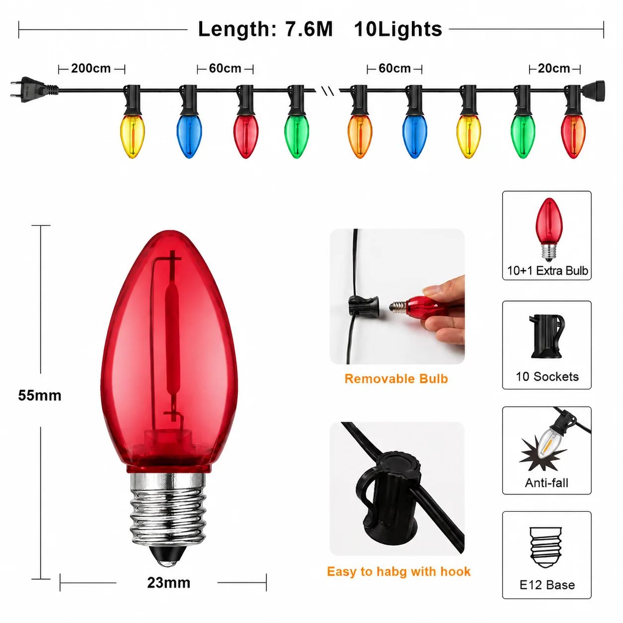 C7 Multicolor Outdoor String Lights 25–65 FT Shatterproof Patio Garland