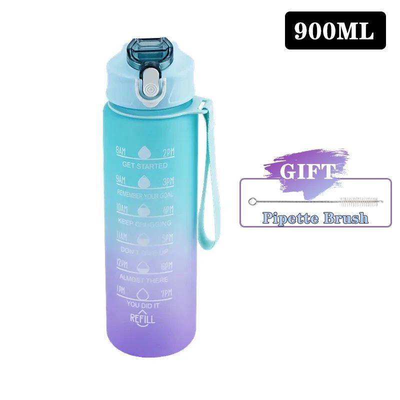 Gradient Motivational Water Bottle with Time Marker and Straw 900-1000mL