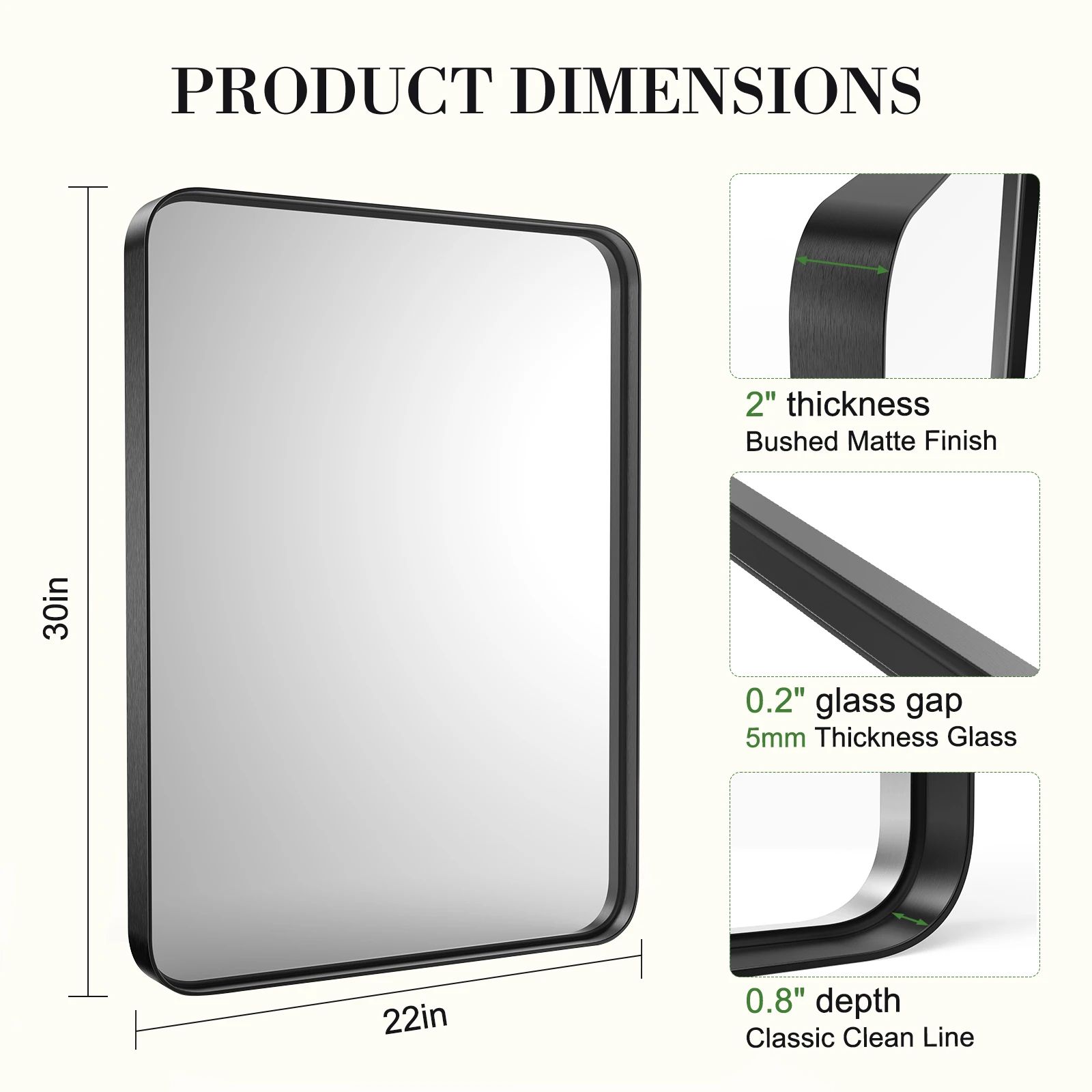 24 x 36 Inch Rectangle Vanity Mirror with Matte Metal Frame and Tempered Glass