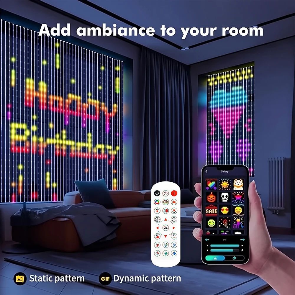 Smart RGB LED Curtain Lights with App Control, Music Sync and DIY Patterns