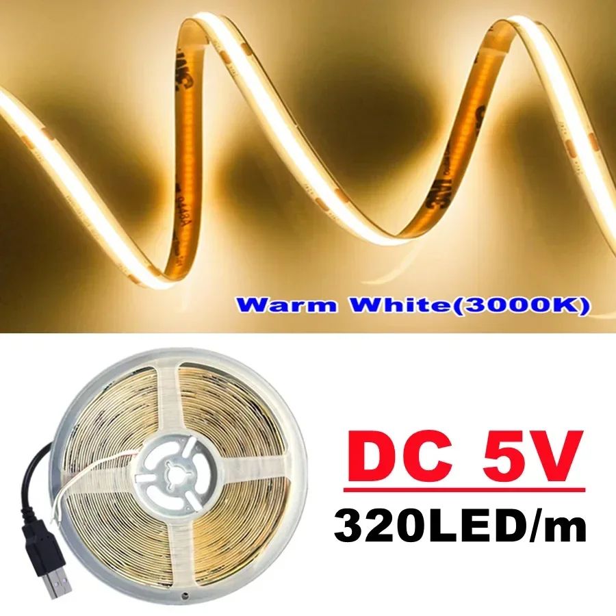 5V USB COB LED Strip Light 320LED/m High-Density Flexible Linear Lighting