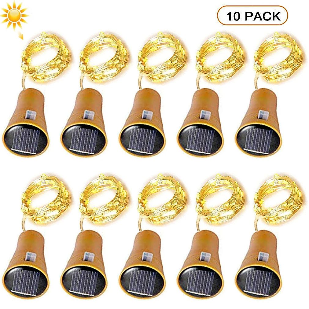 Solar Wine Bottle Cork Fairy Lights 10 or 20 LED Copper Wire Garden Decor